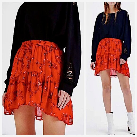 IRO Red Lilie Floral Print Asymmetric Mini Skirt Size 4 - Picture 1 of 11